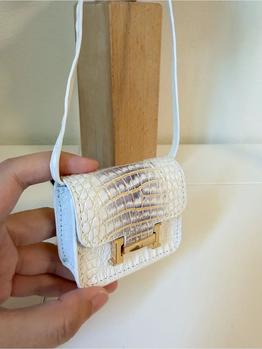 Genuine Leather White Gray Croc Embossed Mini Bag Charm